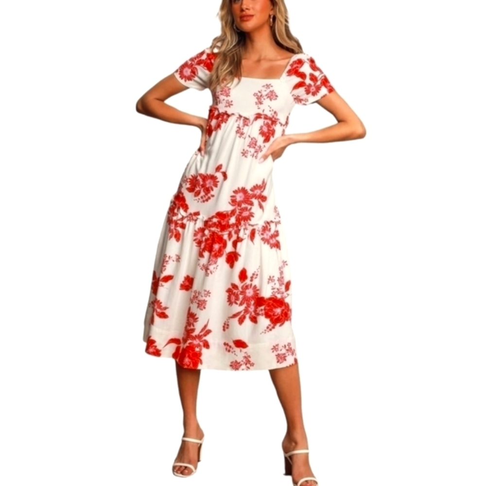 Lulu's White Midi Dress with Red Floral Print